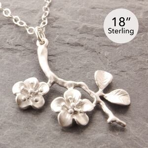 18" Silver Flower Necklace, cherry blossom, flower pendant, silver necklace, 27